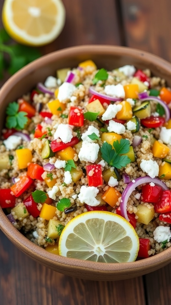 A colorful quinoa salad with roasted vegetables, parsley, and feta cheese in a rustic bowl on a wooden table.
